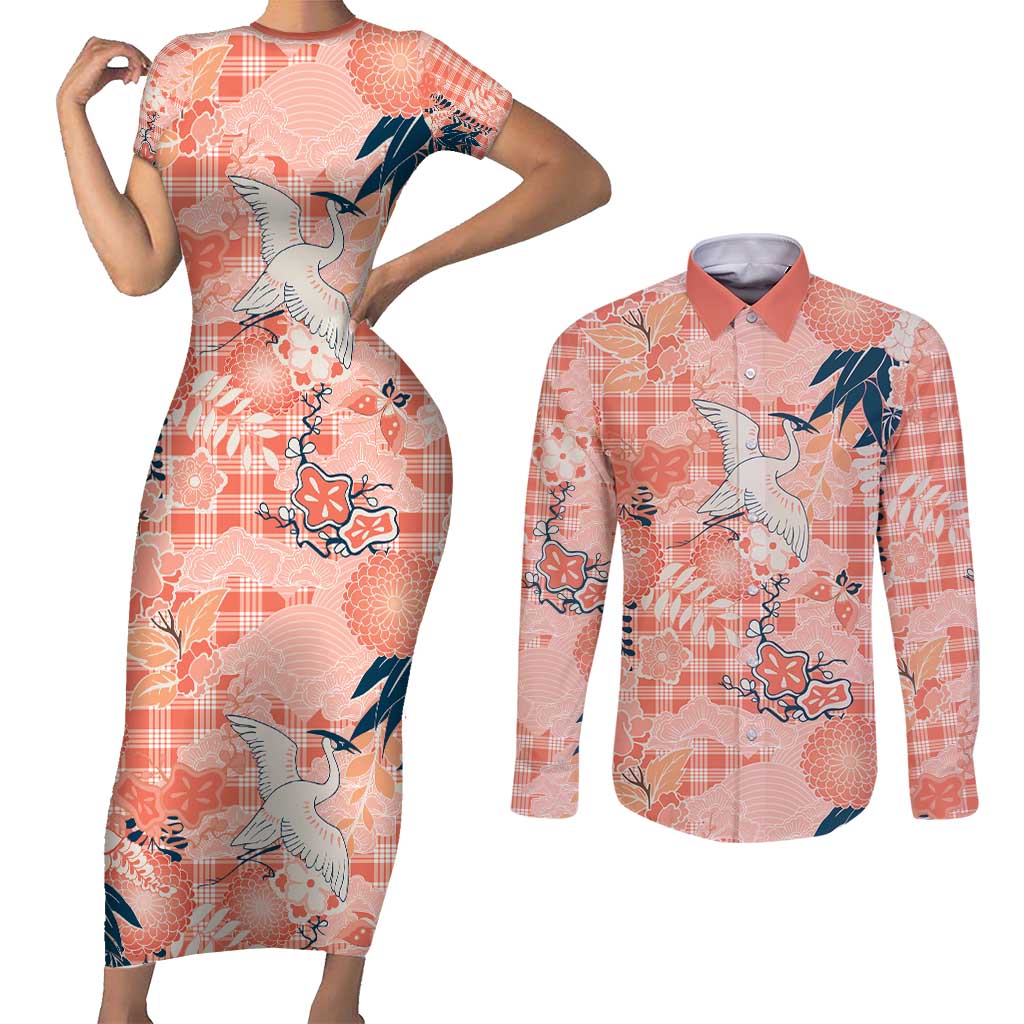 Red Palaka Crane and Flowers Couples Matching Short Sleeve Bodycon Dress and Long Sleeve Button Shirt Japan Heritage Spirit - Polynesian Pride