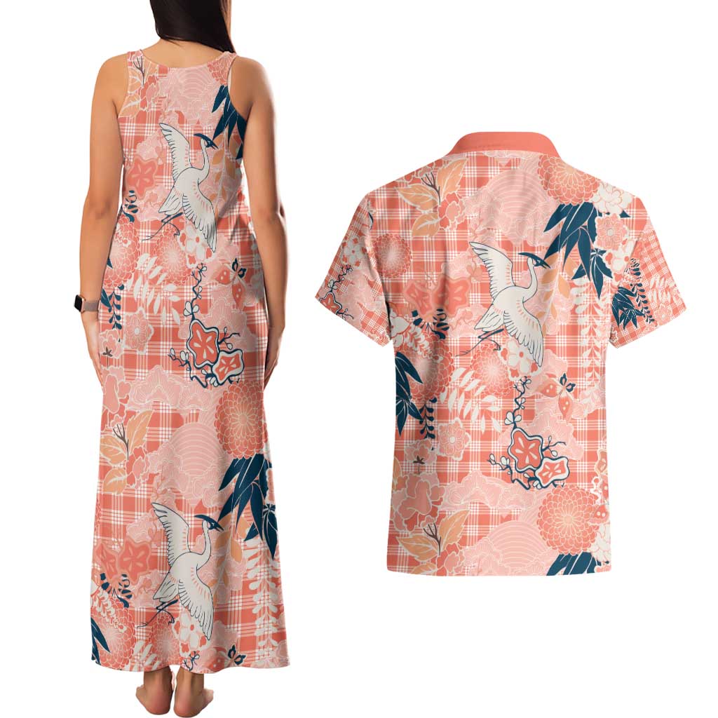 Red Palaka Crane and Flowers Couples Matching Tank Maxi Dress and Hawaiian Shirt Japan Heritage Spirit - Polynesian Pride