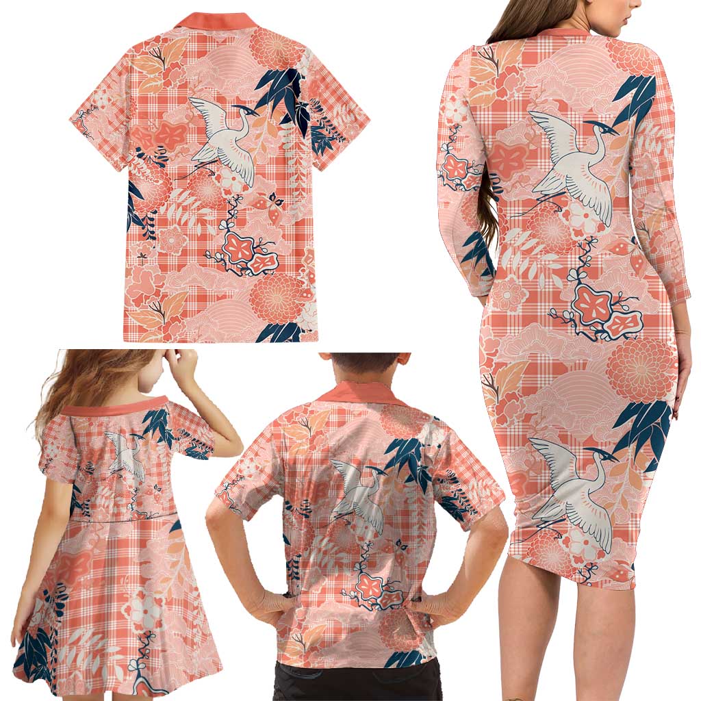 Red Palaka Crane and Flowers Family Matching Long Sleeve Bodycon Dress and Hawaiian Shirt Japan Heritage Spirit - Polynesian Pride