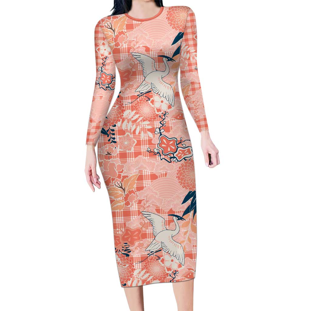 Red Palaka Crane and Flowers Family Matching Long Sleeve Bodycon Dress and Hawaiian Shirt Japan Heritage Spirit - Polynesian Pride