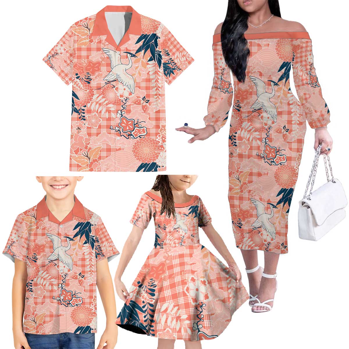 Red Palaka Crane and Flowers Family Matching Off The Shoulder Long Sleeve Dress and Hawaiian Shirt Japan Heritage Spirit - Polynesian Pride