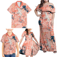 Red Palaka Crane and Flowers Family Matching Off Shoulder Maxi Dress and Hawaiian Shirt Japan Heritage Spirit - Polynesian Pride