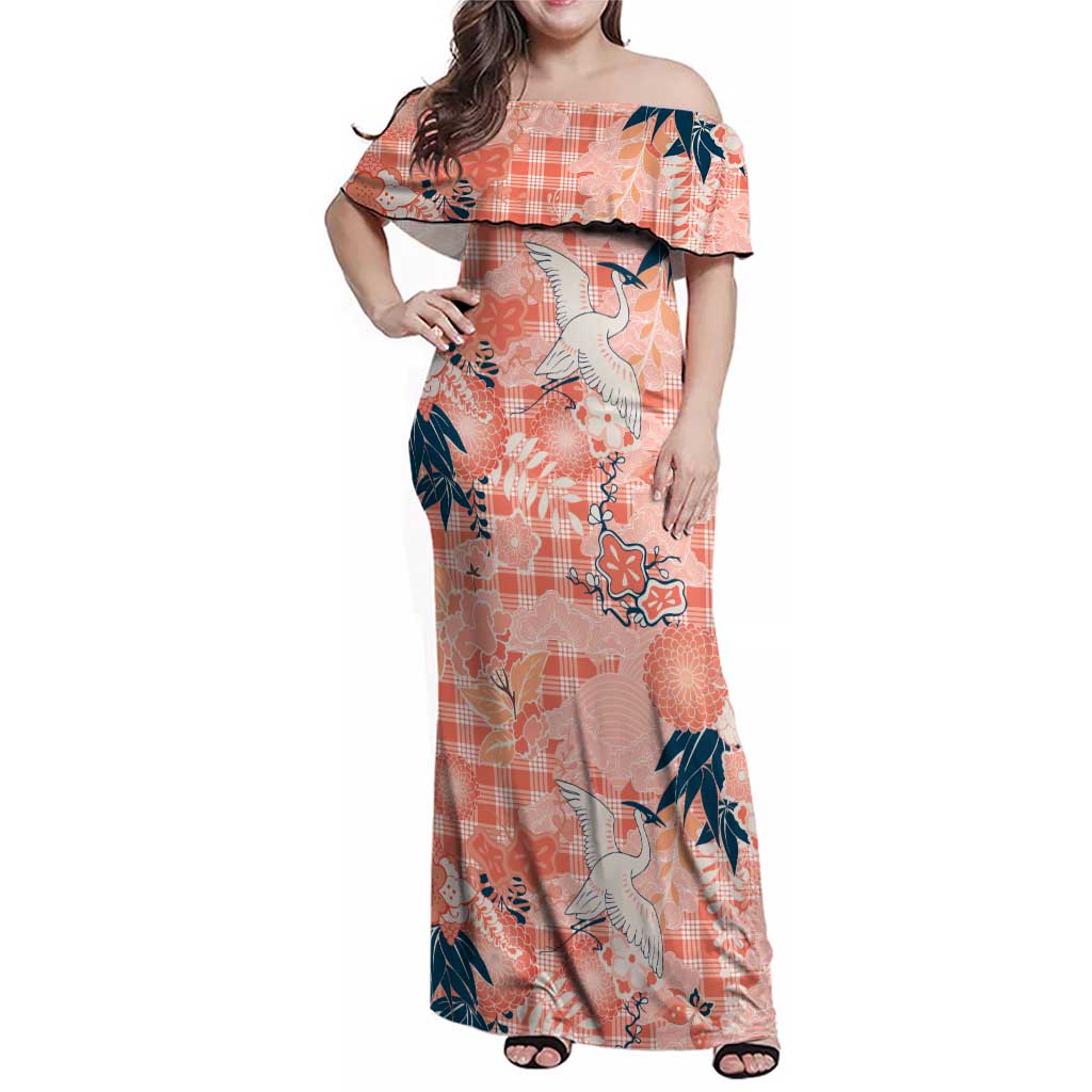 Red Palaka Crane and Flowers Family Matching Off Shoulder Maxi Dress and Hawaiian Shirt Japan Heritage Spirit - Polynesian Pride