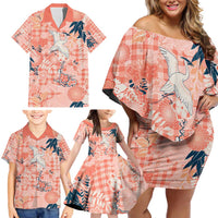 Red Palaka Crane and Flowers Family Matching Off Shoulder Short Dress and Hawaiian Shirt Japan Heritage Spirit - Polynesian Pride
