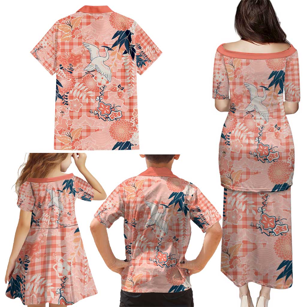Red Palaka Crane and Flowers Family Matching Puletasi and Hawaiian Shirt Japan Heritage Spirit - Polynesian Pride
