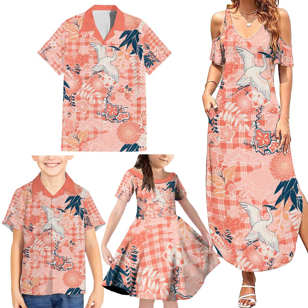 Red Palaka Crane and Flowers Family Matching Summer Maxi Dress and Hawaiian Shirt Japan Heritage Spirit - Polynesian Pride
