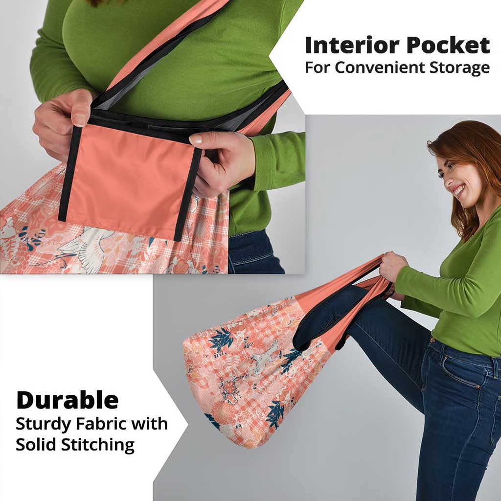 Red Palaka Crane and Flowers Grocery Bag Japan Heritage Spirit - Polynesian Pride