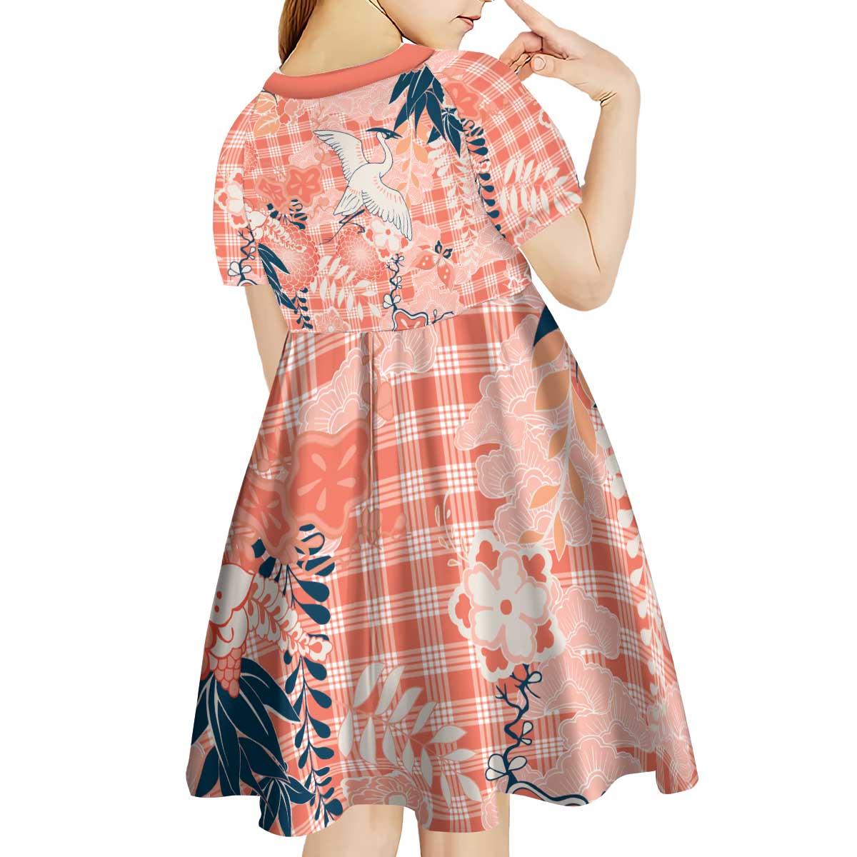 Red Palaka Crane and Flowers Kid Short Sleeve Dress Japan Heritage Spirit - Polynesian Pride