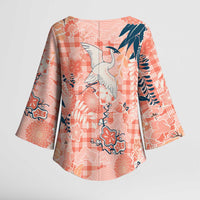Red Palaka Crane and Flowers Kimono Sleeve Blouse Japan Heritage Spirit - Polynesian Pride