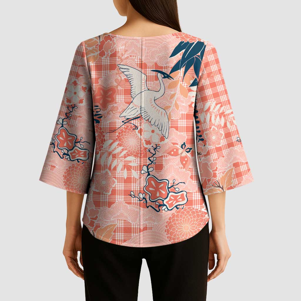 Red Palaka Crane and Flowers Kimono Sleeve Blouse Japan Heritage Spirit - Polynesian Pride