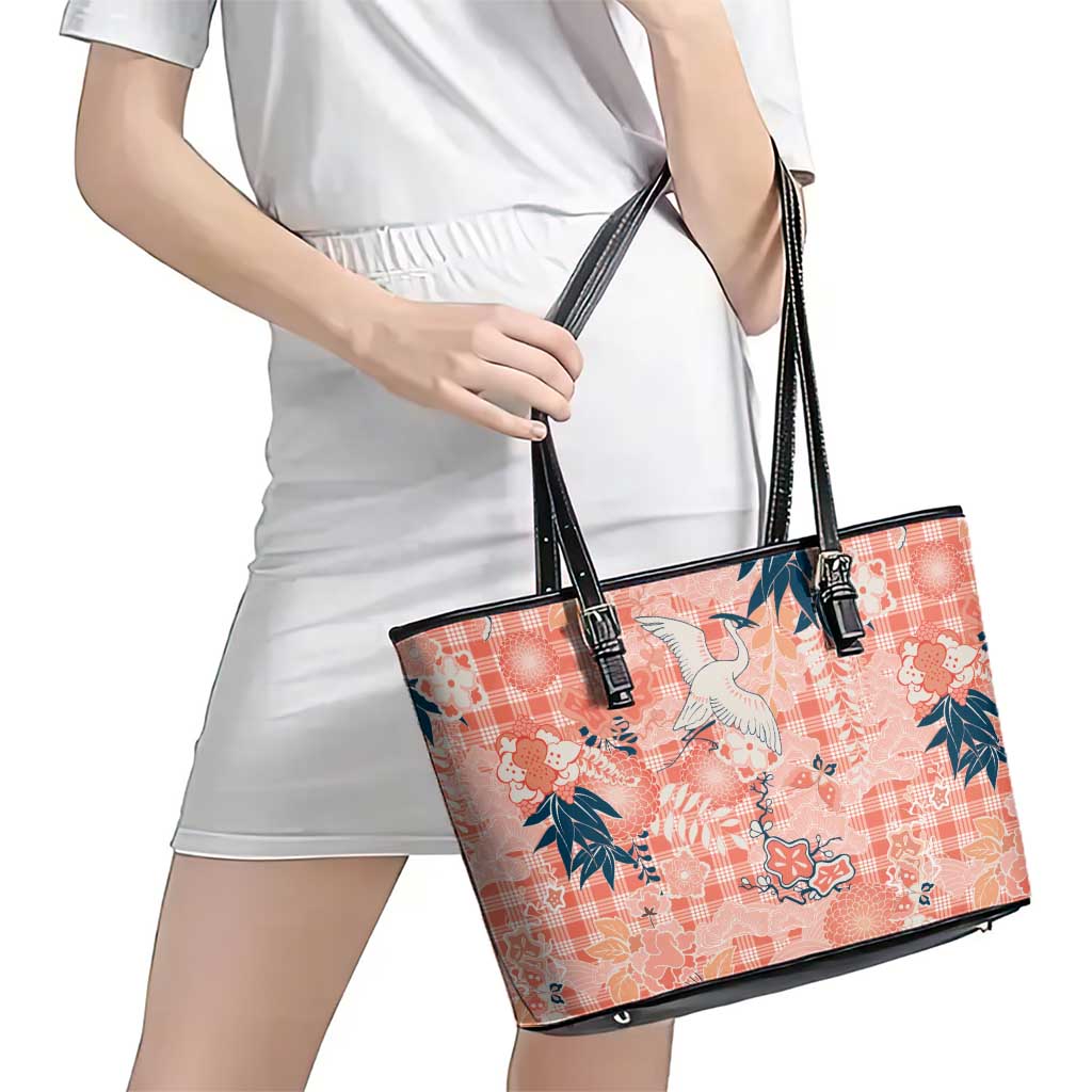 Red Palaka Crane and Flowers Leather Tote Bag Japan Heritage Spirit - Polynesian Pride