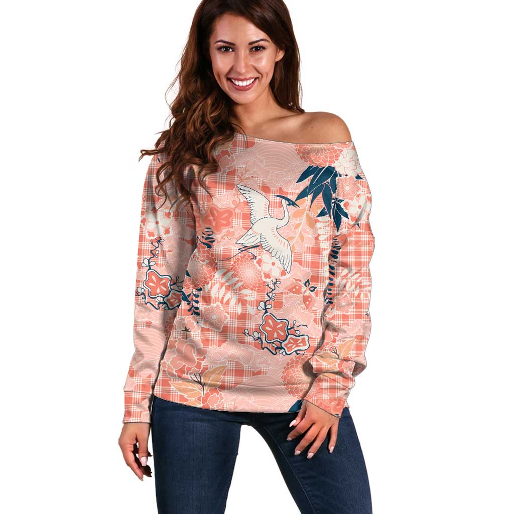 Red Palaka Crane and Flowers Off Shoulder Sweater Japan Heritage Spirit - Polynesian Pride
