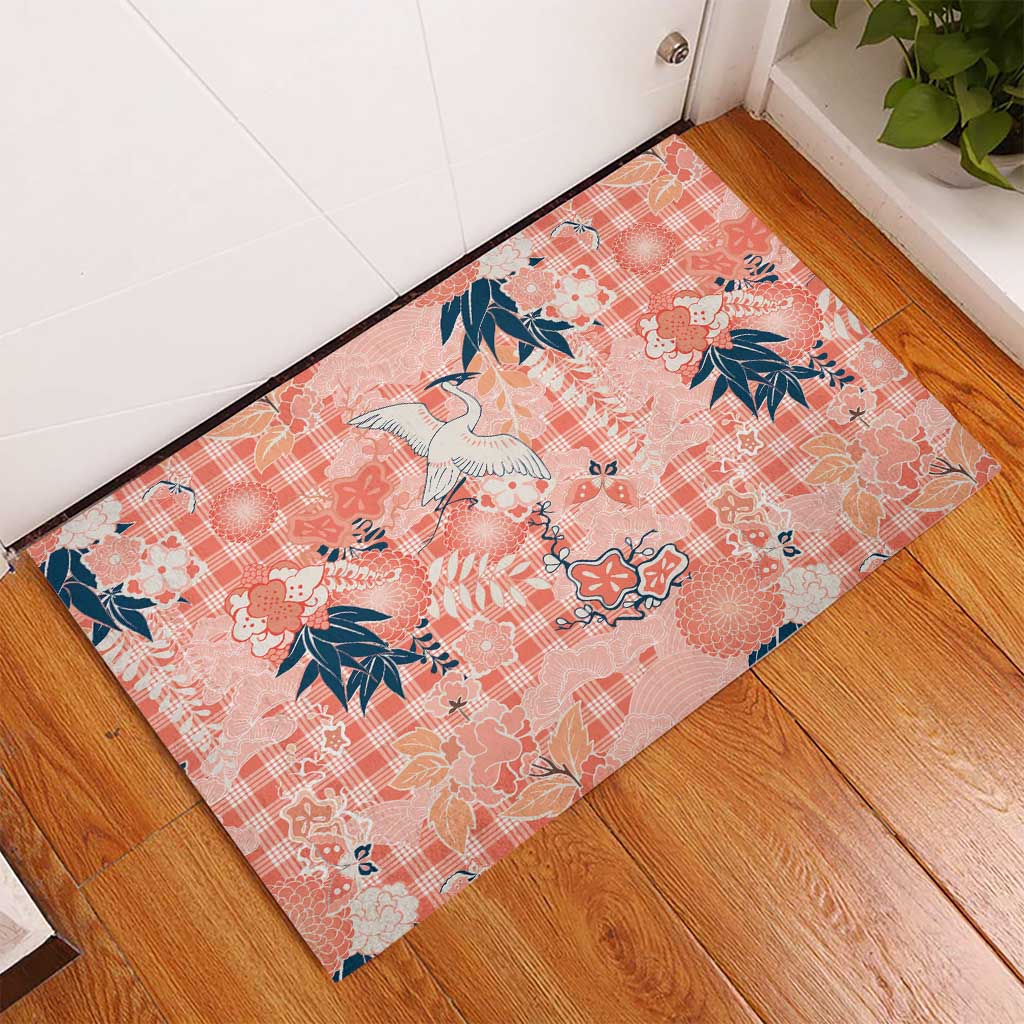 Red Palaka Crane and Flowers Rubber Doormat Japan Heritage Spirit - Polynesian Pride