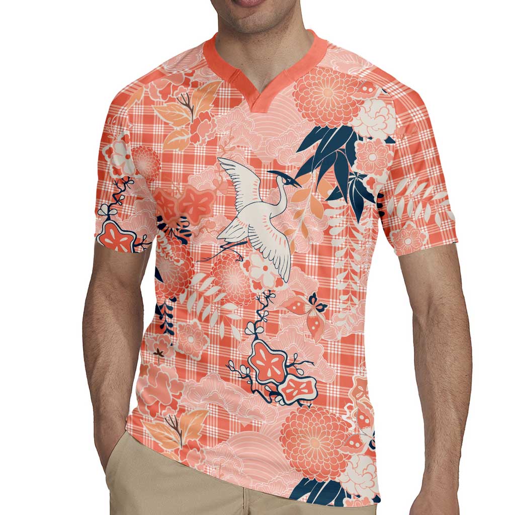 Red Palaka Crane and Flowers Rugby Jersey Japan Heritage Spirit - Polynesian Pride