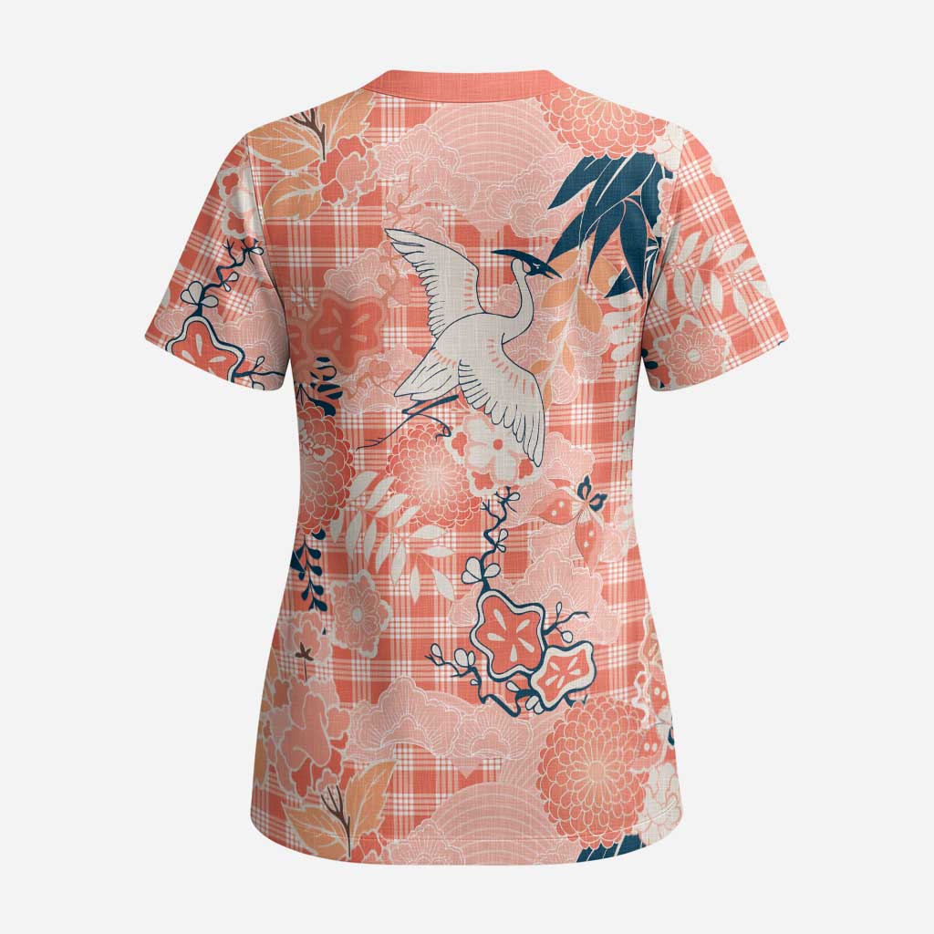Red Palaka Crane and Flowers Scrub Top Japan Heritage Spirit - Polynesian Pride
