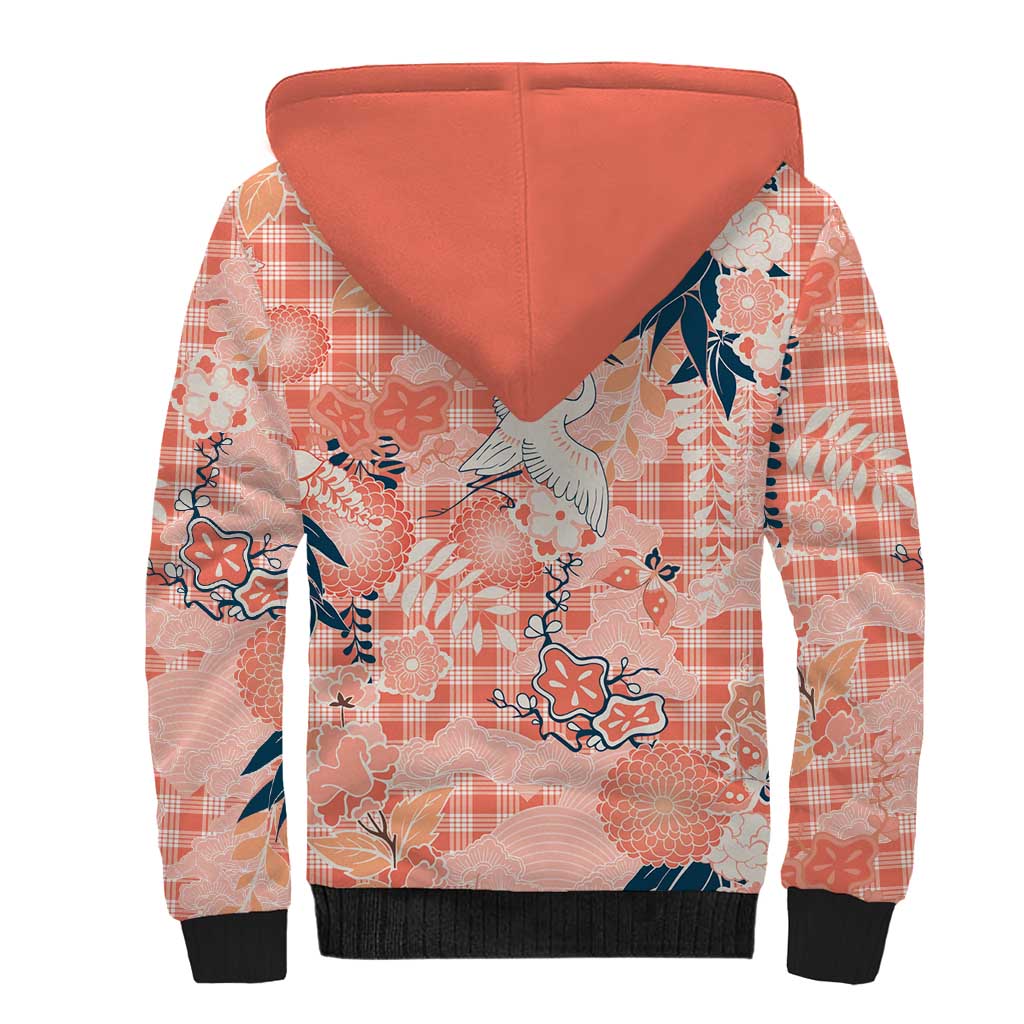 Red Palaka Crane and Flowers Sherpa Hoodie Japan Heritage Spirit - Polynesian Pride