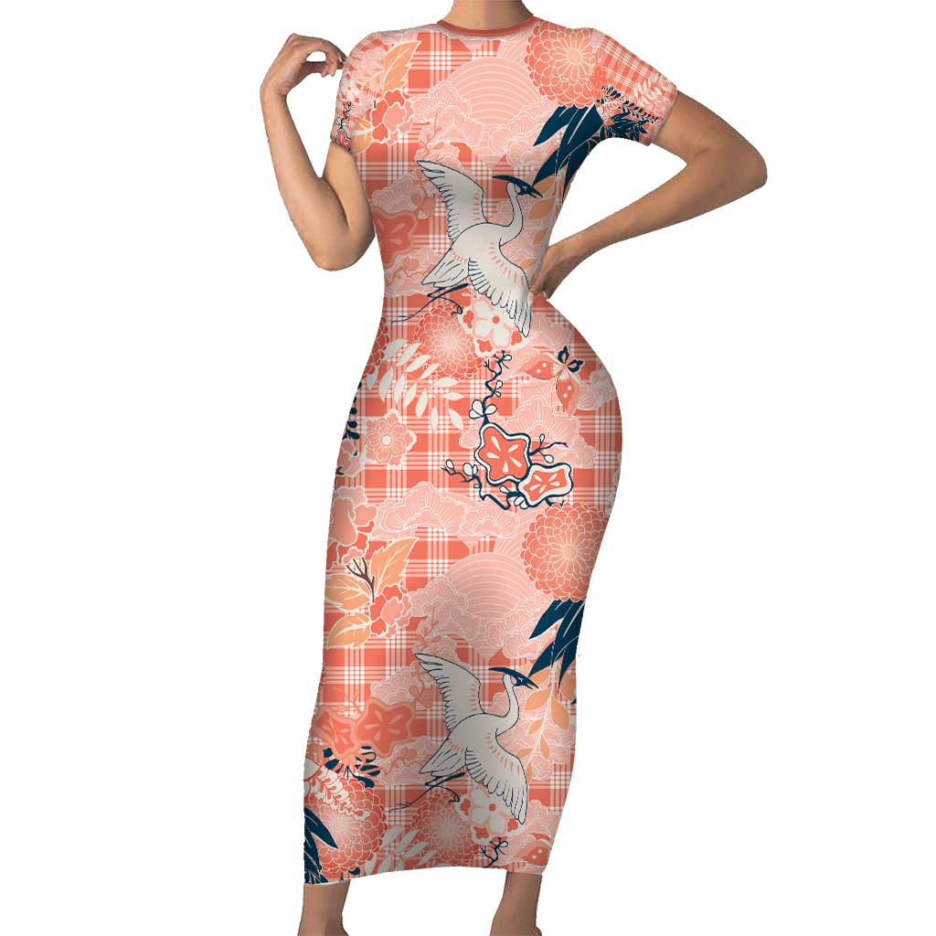 Red Palaka Crane and Flowers Short Sleeve Bodycon Dress Japan Heritage Spirit - Polynesian Pride