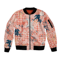 Red Palaka Crane and Flowers Sleeve Zip Bomber Jacket Japan Heritage Spirit - Polynesian Pride