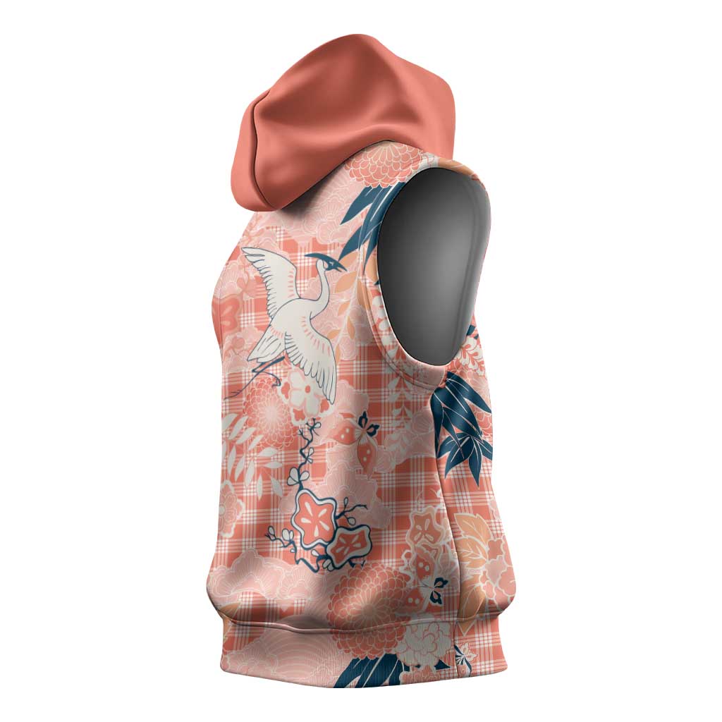 Red Palaka Crane and Flowers Sleeveless Hoodie Japan Heritage Spirit - Polynesian Pride