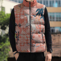 Red Palaka Crane and Flowers Sleeveless Puffer Jacket Japan Heritage Spirit - Polynesian Pride