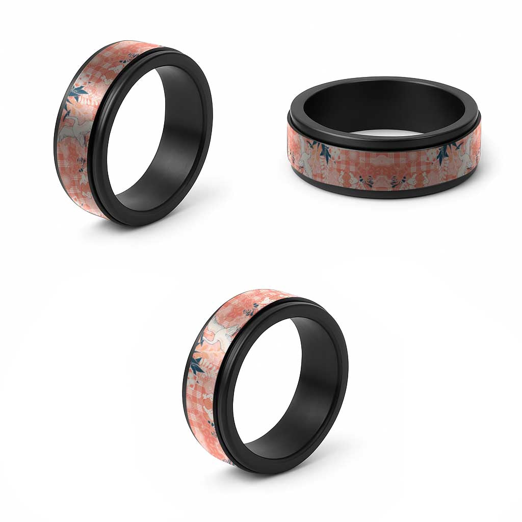 Red Palaka Crane and Flowers Spinner Ring Japan Heritage Spirit - Polynesian Pride
