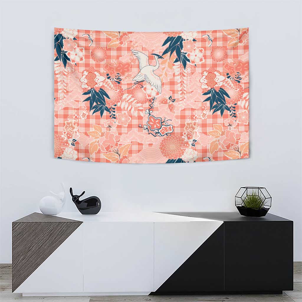 Red Palaka Crane and Flowers Tapestry Japan Heritage Spirit - Polynesian Pride