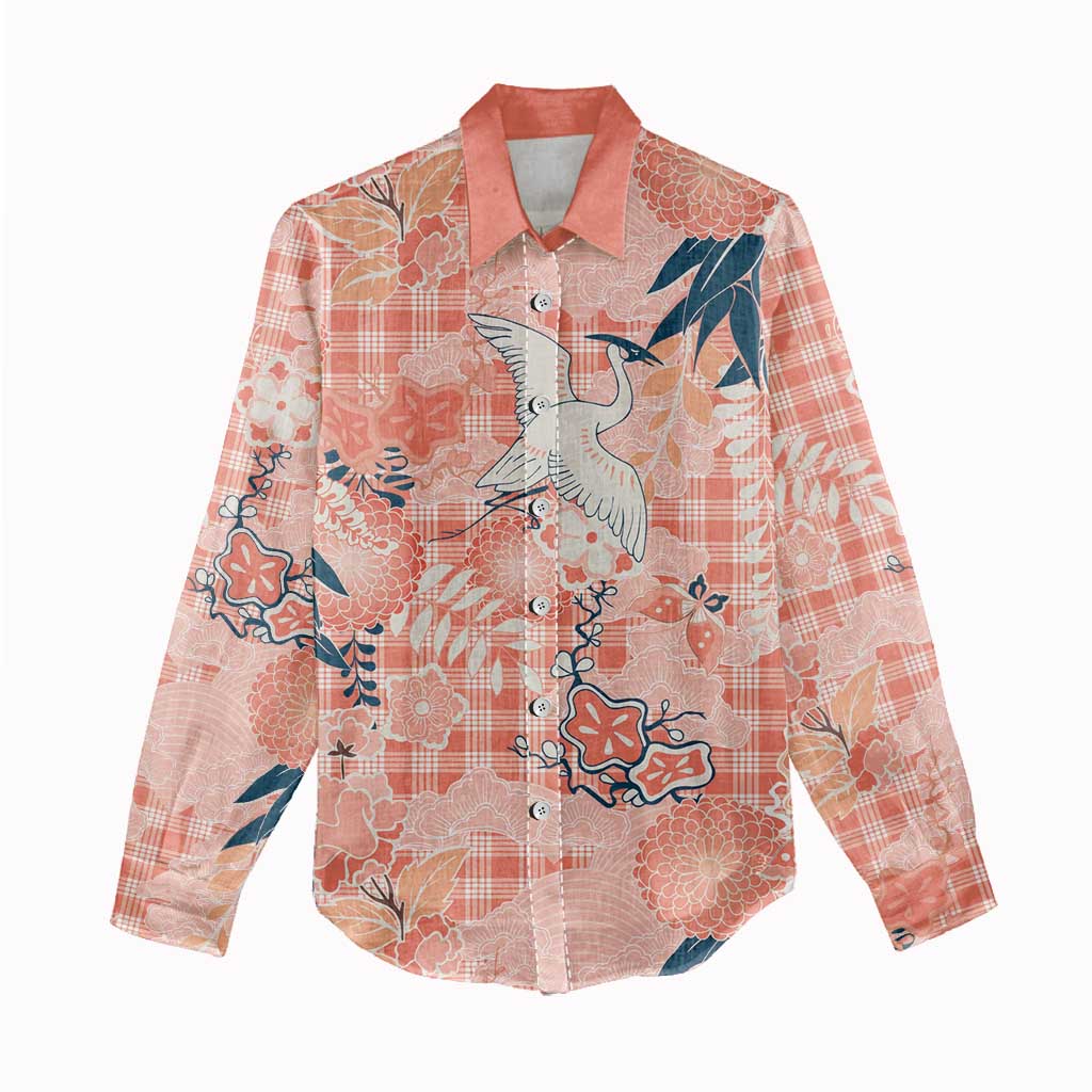 Red Palaka Crane and Flowers Women Casual Shirt Japan Heritage Spirit - Polynesian Pride