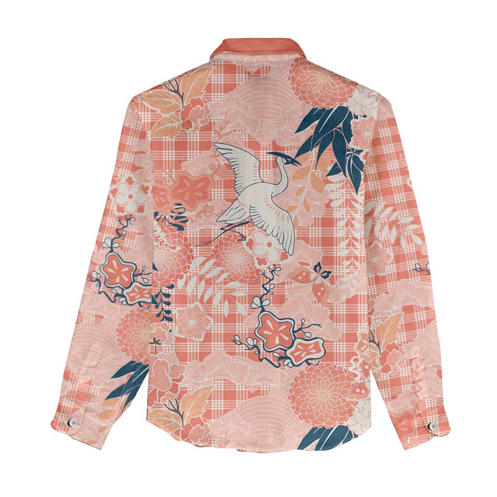 Red Palaka Crane and Flowers Women Casual Shirt Japan Heritage Spirit - Polynesian Pride