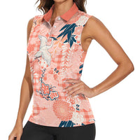 Red Palaka Crane and Flowers Women Sleeveless Polo Shirt Japan Heritage Spirit - Polynesian Pride