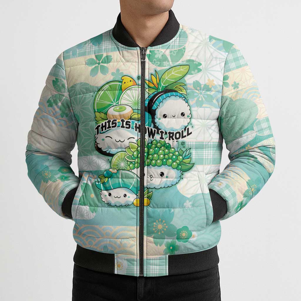 Personalized Japanese Kawaii Sushi Bomber Puffer Jacket Green Wagara Palaka This Is How I Roll