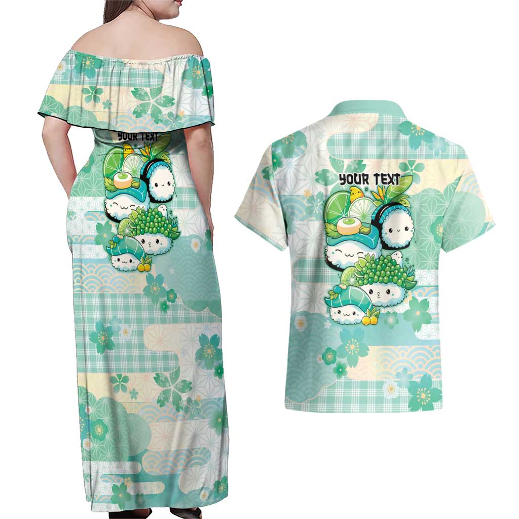Personalized Japanese Kawaii Sushi Couples Matching Off Shoulder Maxi Dress and Hawaiian Shirt Green Wagara Palaka This Is How I Roll