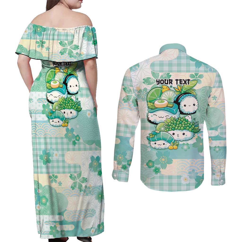 Personalized Japanese Kawaii Sushi Couples Matching Off Shoulder Maxi Dress and Long Sleeve Button Shirt Green Wagara Palaka This Is How I Roll LT9 - Polynesian Pride