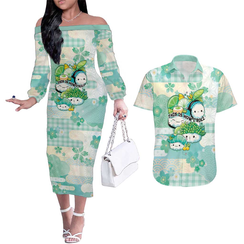 Personalized Japanese Kawaii Sushi Couples Matching Off The Shoulder Long Sleeve Dress and Hawaiian Shirt Green Wagara Palaka This Is How I Roll LT9 Green - Polynesian Pride