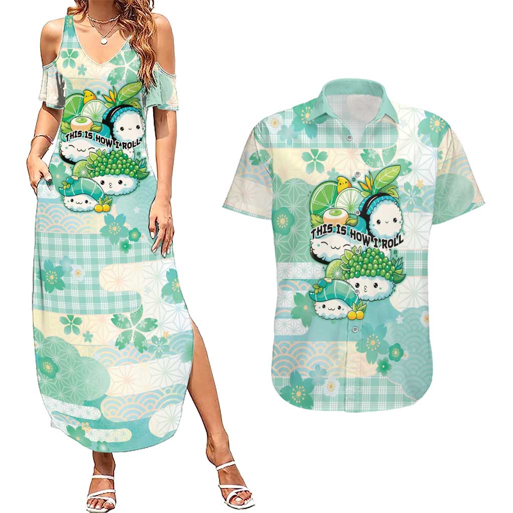Personalized Japanese Kawaii Sushi Couples Matching Summer Maxi Dress and Hawaiian Shirt Green Wagara Palaka This Is How I Roll