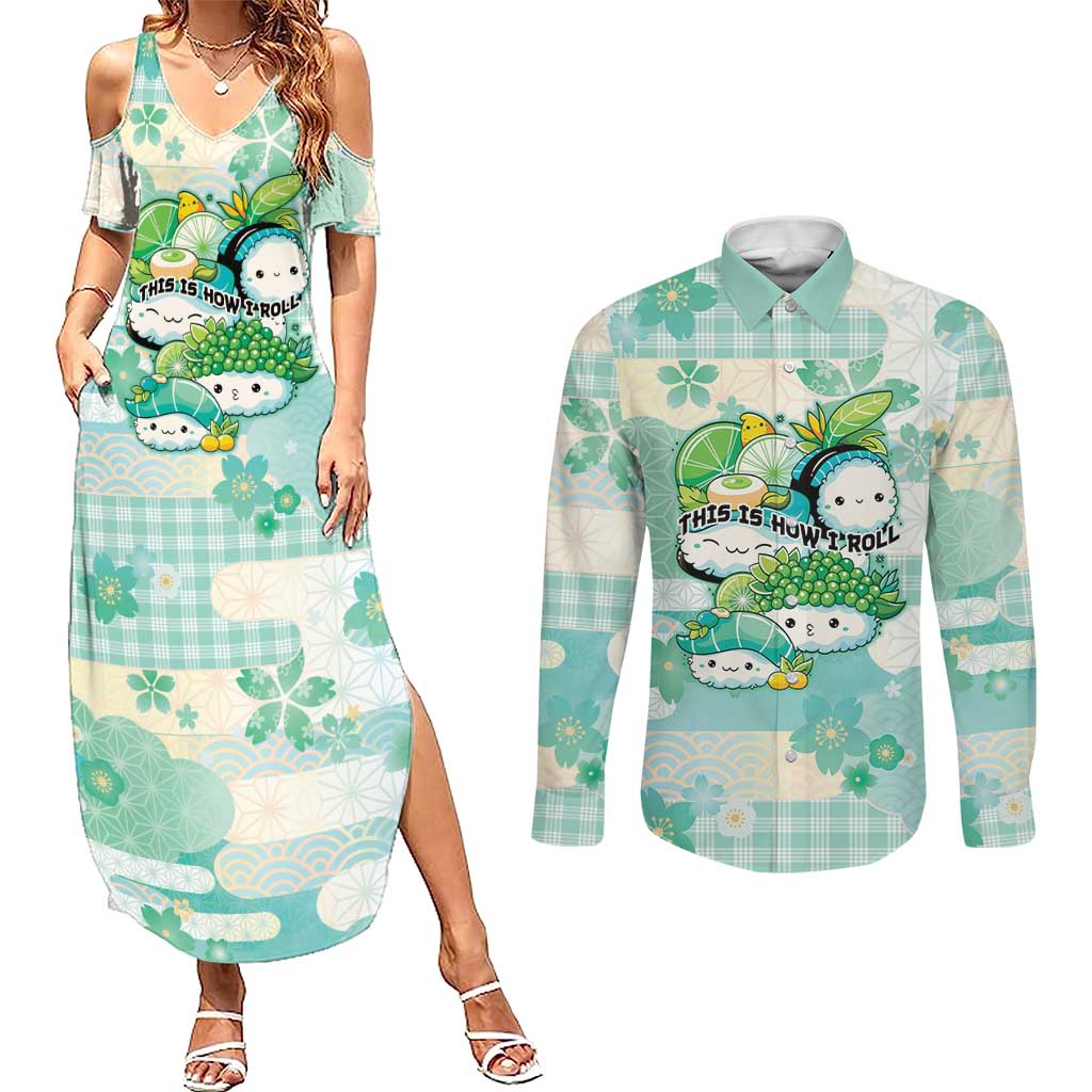 Personalized Japanese Kawaii Sushi Couples Matching Summer Maxi Dress and Long Sleeve Button Shirt Green Wagara Palaka This Is How I Roll