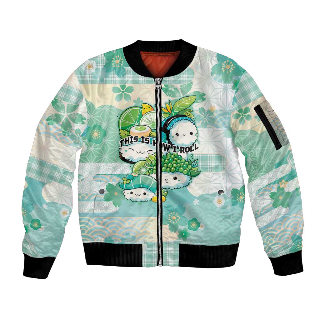 Personalized Japanese Kawaii Sushi Sleeve Zip Bomber Jacket Green Wagara Palaka This Is How I Roll