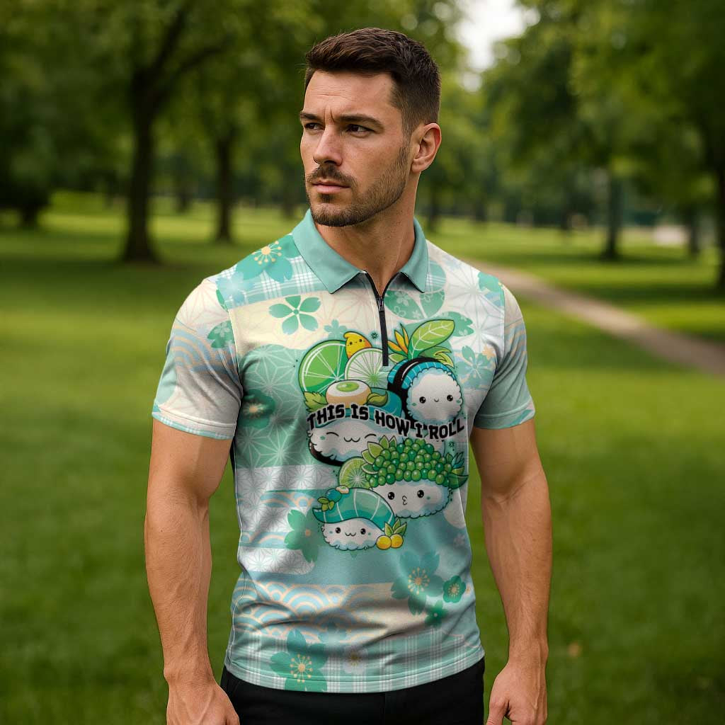 Personalized Japanese Kawaii Sushi Zipper Polo Shirt Green Wagara Palaka This Is How I Roll