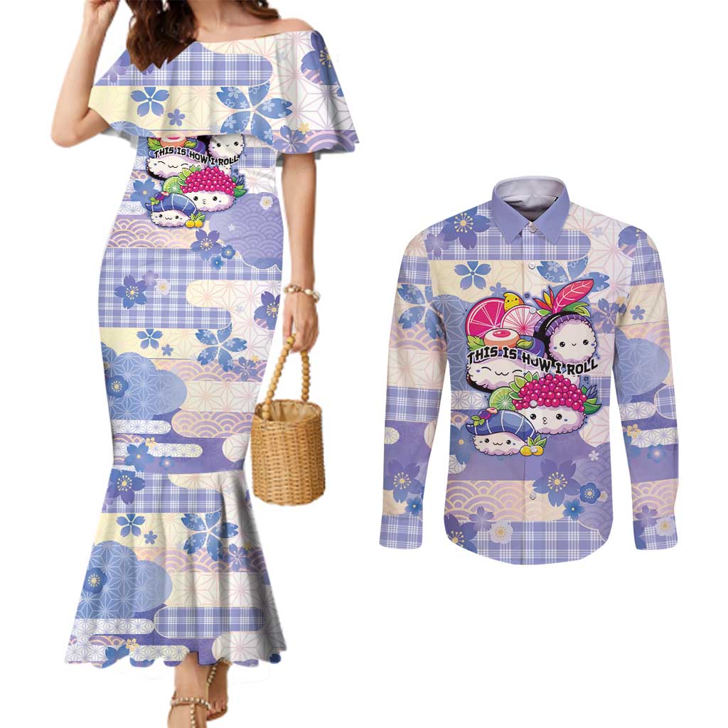 Personalized Japanese Kawaii Sushi Couples Matching Mermaid Dress and Long Sleeve Button Shirt Blue Wagara Palaka This Is How I Roll LT9 Blue - Polynesian Pride