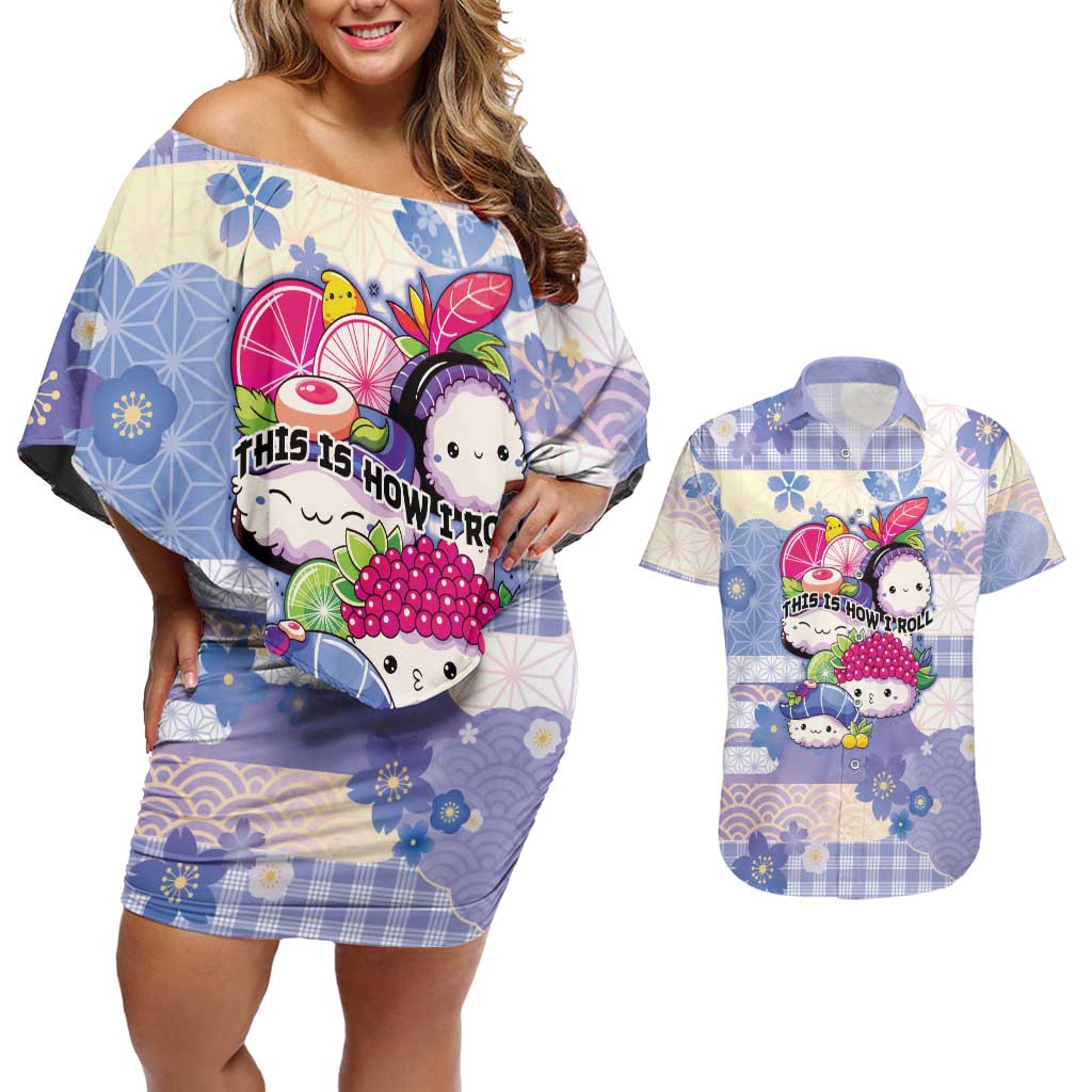 Personalized Japanese Kawaii Sushi Couples Matching Off Shoulder Short Dress and Hawaiian Shirt Blue Wagara Palaka This Is How I Roll LT9 Blue - Polynesian Pride