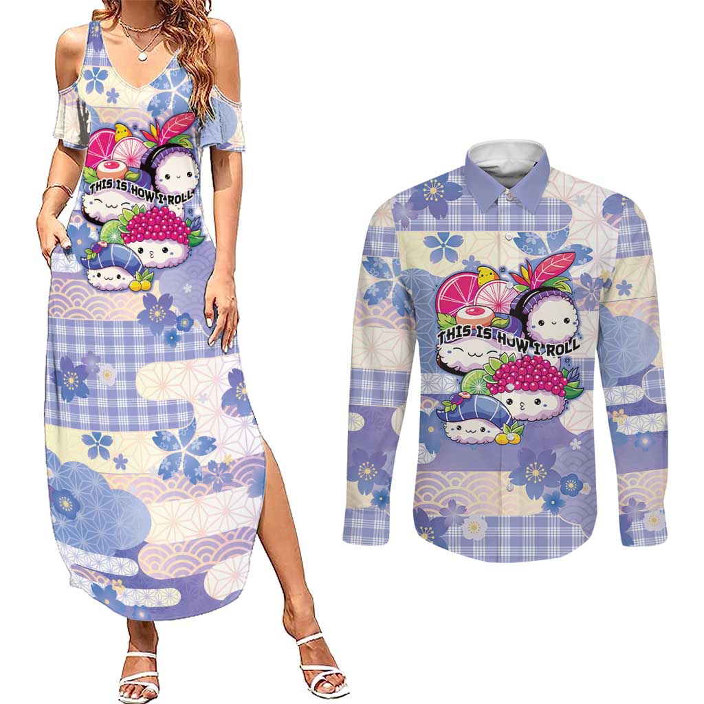Personalized Japanese Kawaii Sushi Couples Matching Summer Maxi Dress and Long Sleeve Button Shirt Blue Wagara Palaka This Is How I Roll