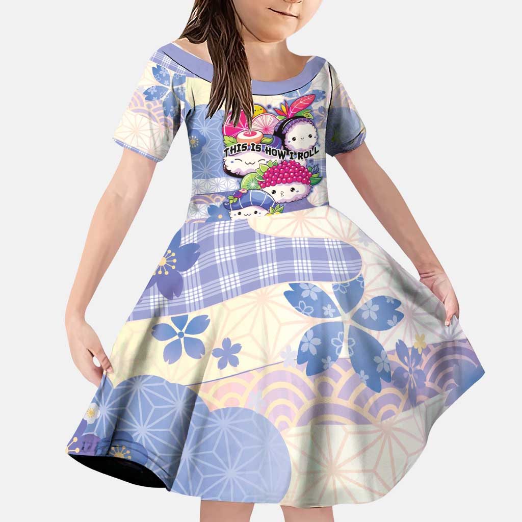 Personalized Japanese Kawaii Sushi Family Matching Summer Maxi Dress and Hawaiian Shirt Blue Wagara Palaka This Is How I Roll LT9 Daughter's Dress Blue - Polynesian Pride
