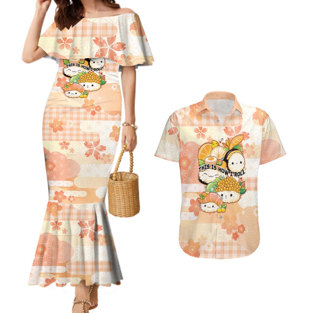 Personalized Japanese Kawaii Sushi Couples Matching Mermaid Dress and Hawaiian Shirt Peach Wagara Palaka This Is How I Roll
