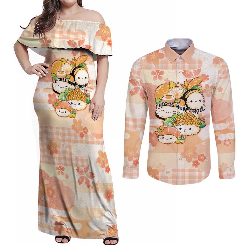 Personalized Japanese Kawaii Sushi Couples Matching Off Shoulder Maxi Dress and Long Sleeve Button Shirt Peach Wagara Palaka This Is How I Roll LT9 Peach - Polynesian Pride