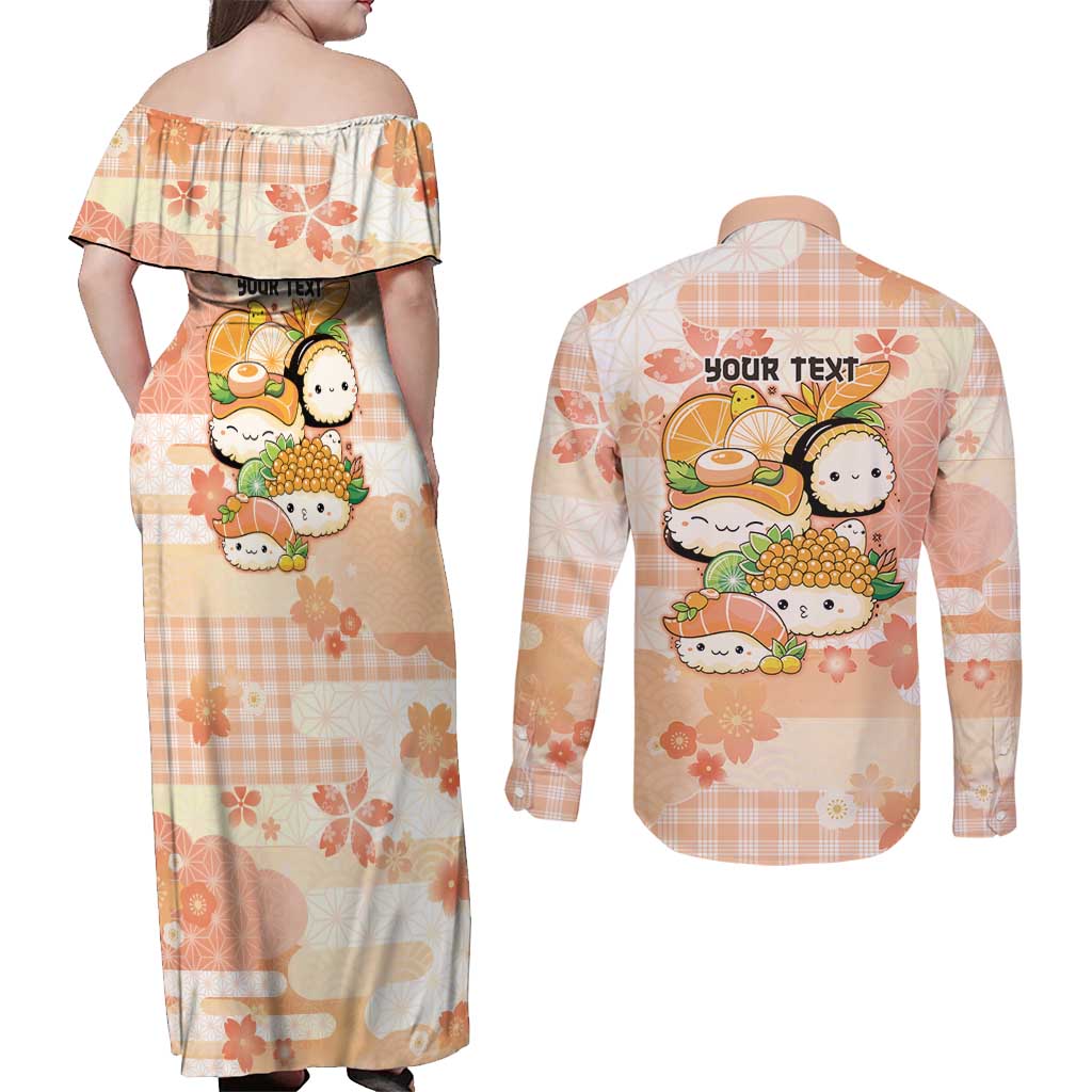 Personalized Japanese Kawaii Sushi Couples Matching Off Shoulder Maxi Dress and Long Sleeve Button Shirt Peach Wagara Palaka This Is How I Roll LT9 - Polynesian Pride