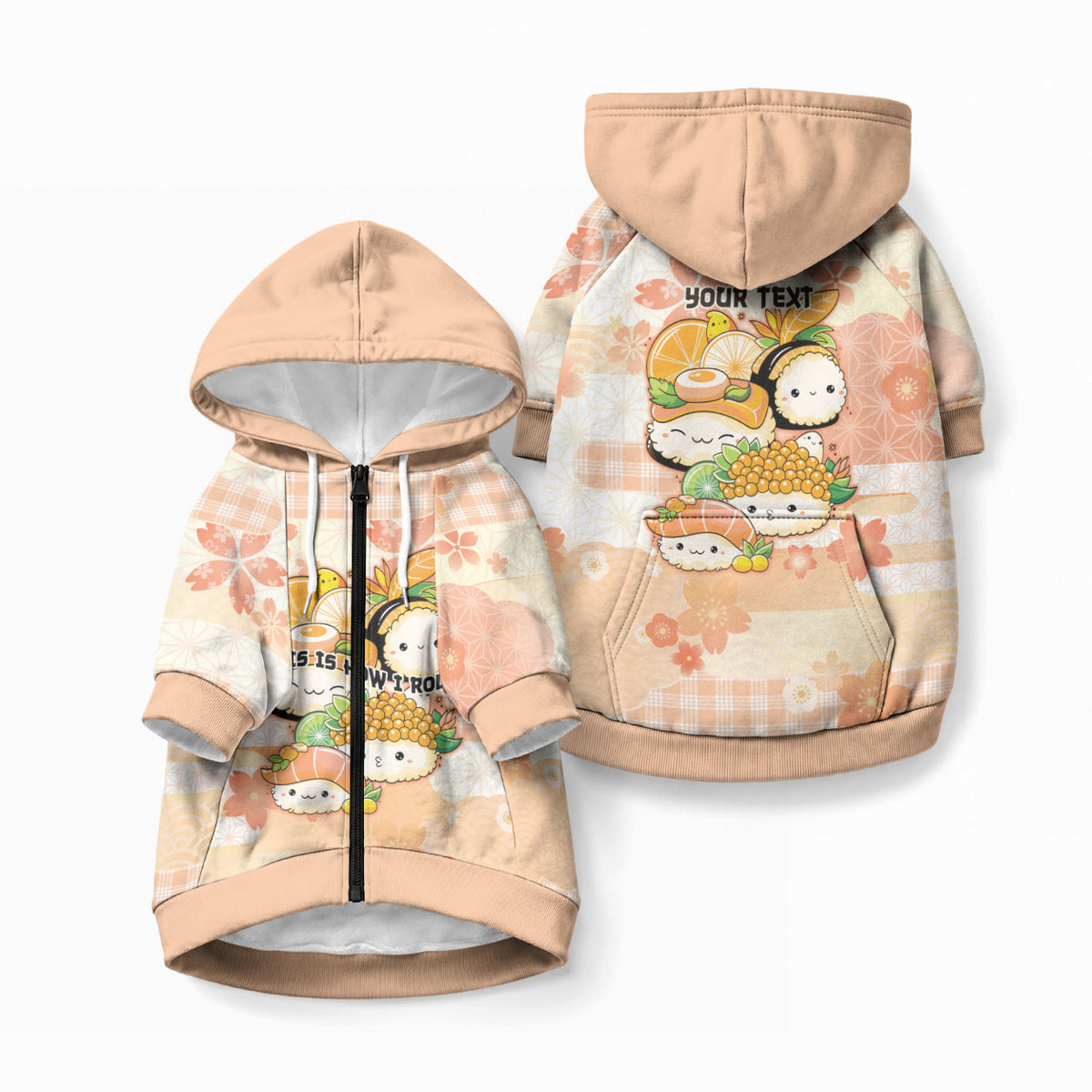 Personalized Japanese Kawaii Sushi Pet Hoodie Peach Wagara Palaka This Is How I Roll LT9 Zip-up Peach - Polynesian Pride