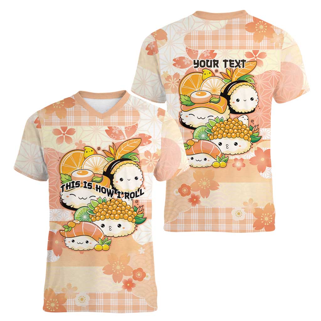 Personalized Japanese Kawaii Sushi Women V-Neck T-Shirt Peach Wagara Palaka This Is How I Roll