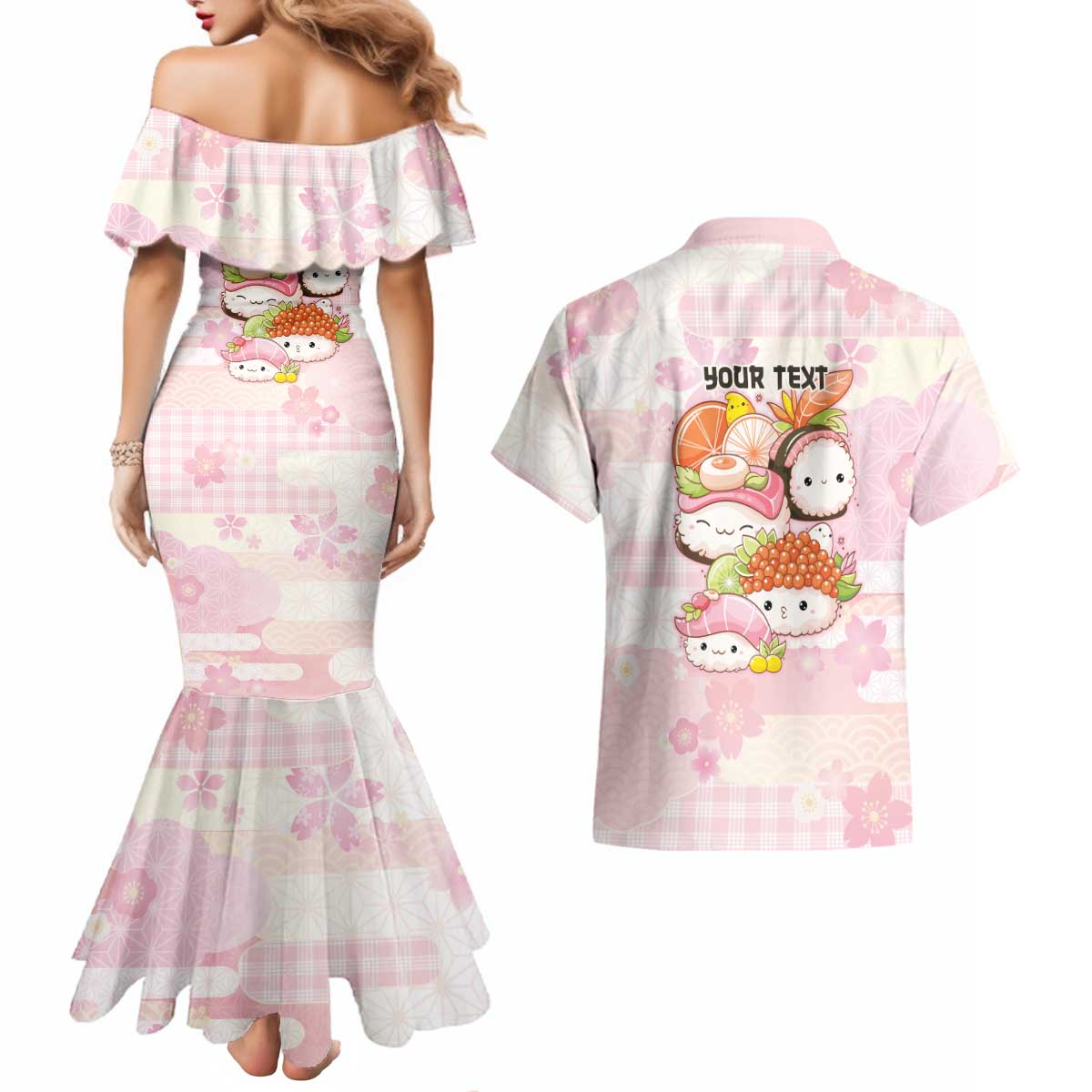 Personalized Japanese Kawaii Sushi Couples Matching Mermaid Dress and Hawaiian Shirt Pink Wagara Palaka This Is How I Roll