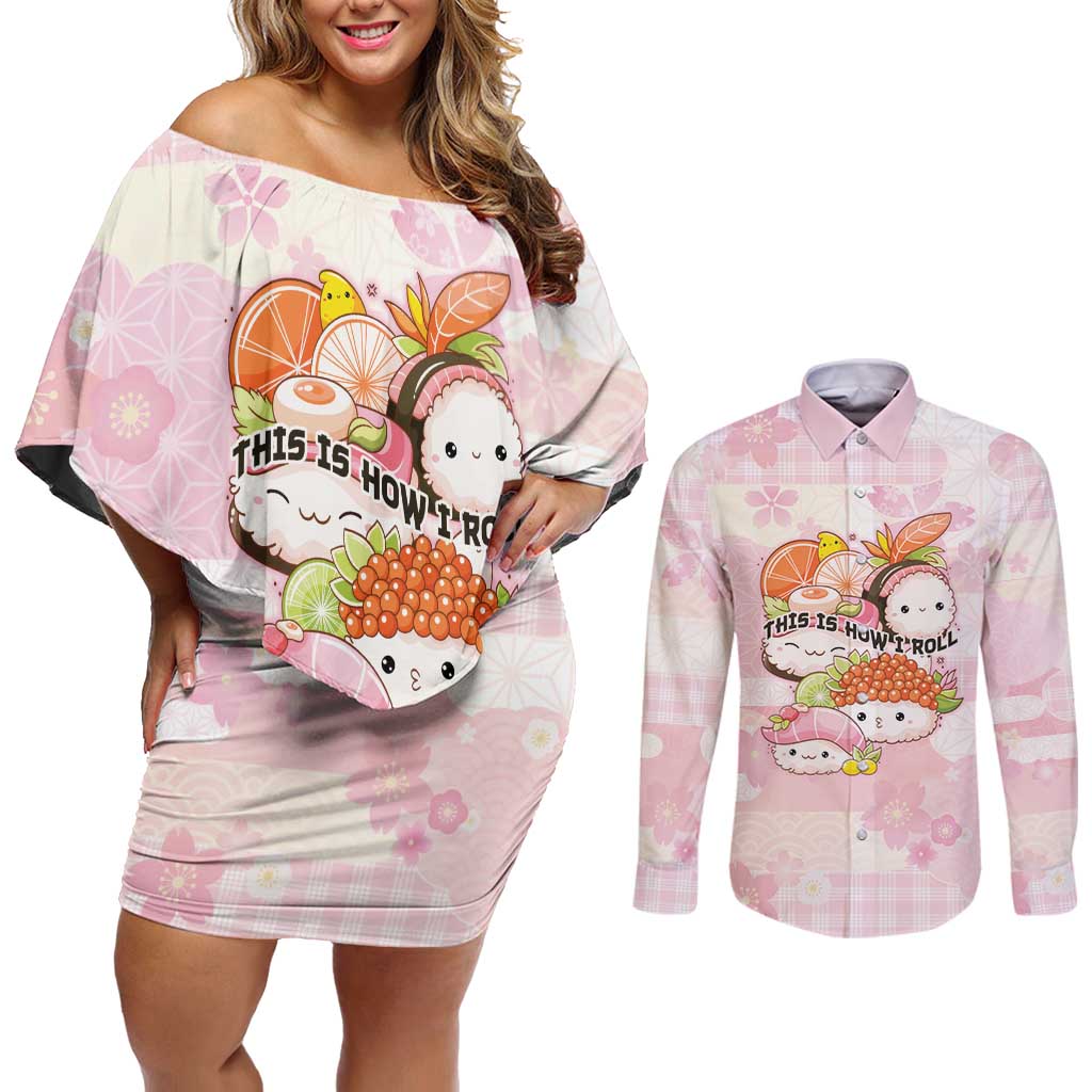 Personalized Japanese Kawaii Sushi Couples Matching Off Shoulder Short Dress and Long Sleeve Button Shirt Pink Wagara Palaka This Is How I Roll LT9 Pink - Polynesian Pride