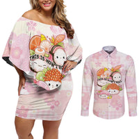 Personalized Japanese Kawaii Sushi Couples Matching Off Shoulder Short Dress and Long Sleeve Button Shirt Pink Wagara Palaka This Is How I Roll LT9 Pink - Polynesian Pride