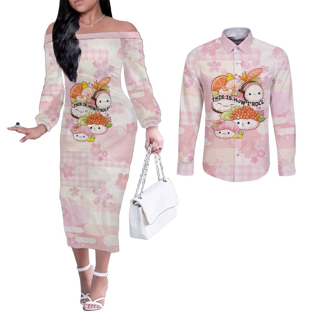 Personalized Japanese Kawaii Sushi Couples Matching Off The Shoulder Long Sleeve Dress and Long Sleeve Button Shirt Pink Wagara Palaka This Is How I Roll